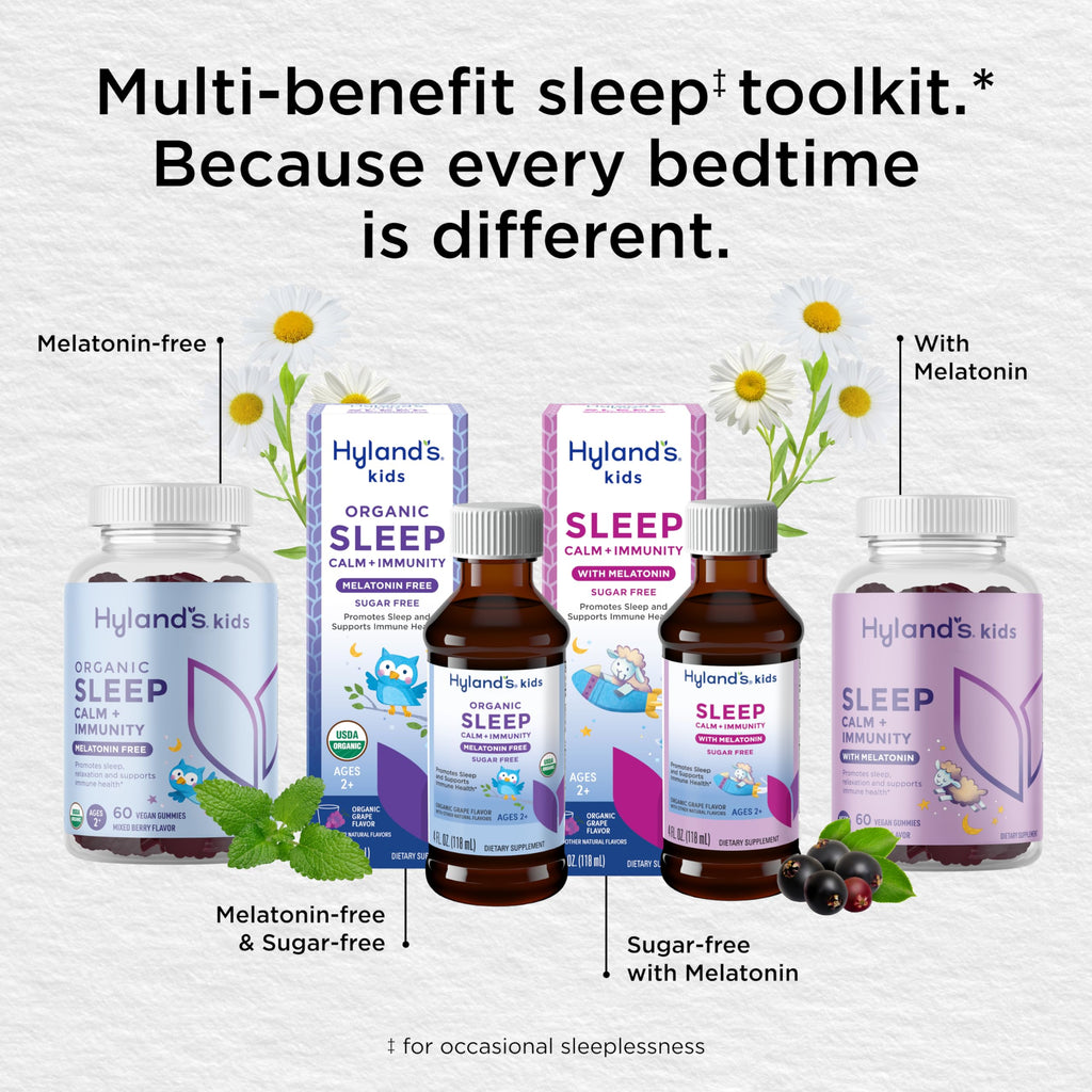 Hyland's Kids Melatonin-Free Organic Sleep Calm & Immunity Liquid, Sugar-Free with Magnesium, Vitamin D, Zinc & Elderberry, Promotes Sleep & Supports Immune Health, Ages 2+, Grape Flavor, 4 Fl. Oz.