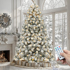 YITAHOME Prelit Snow Flocked Artificial Full Christmas Tree 6ft with Remote Control, Christmas Pine Tree with 11 Light-Modes, 1000 Branch Tips, Foldable Base for Home, Party Decoration