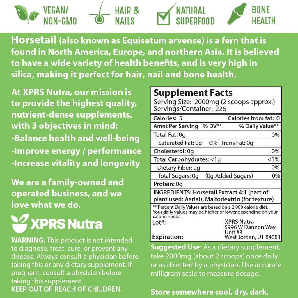 XPRS Nutra Horsetail Extract Powder for Hair, Nails, and Bones - High Potency Horsetail Root Powder - High Silica Content for Maximum Results - Vegan Friendly Horstail Extract (16 oz)
