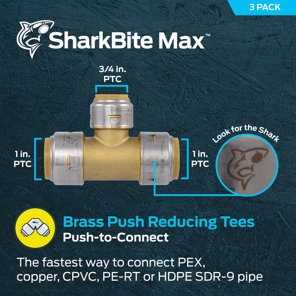 SharkBite Max 1 Inch x 1 Inch x 3/4 Inch Reducing Tee, Pack of 3, Push To Connect, PEX Pipe, Copper, CPVC, PE-RT, HDPE, UR416