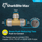 SharkBite Max 1 Inch x 1 Inch x 3/4 Inch Reducing Tee, Pack of 3, Push To Connect, PEX Pipe, Copper, CPVC, PE-RT, HDPE, UR416
