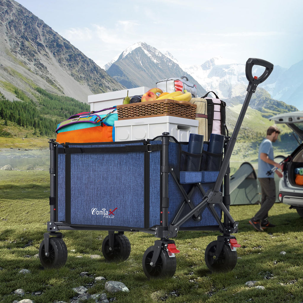 COMLAX FIELD Collapsible Wagon Cart Foldable with Big Wheels Brakes, 250lbs Folding Utility Lightweight Garden Wagon, Portable Grocery Cart for Camping Shopping Sports Pets, Blue