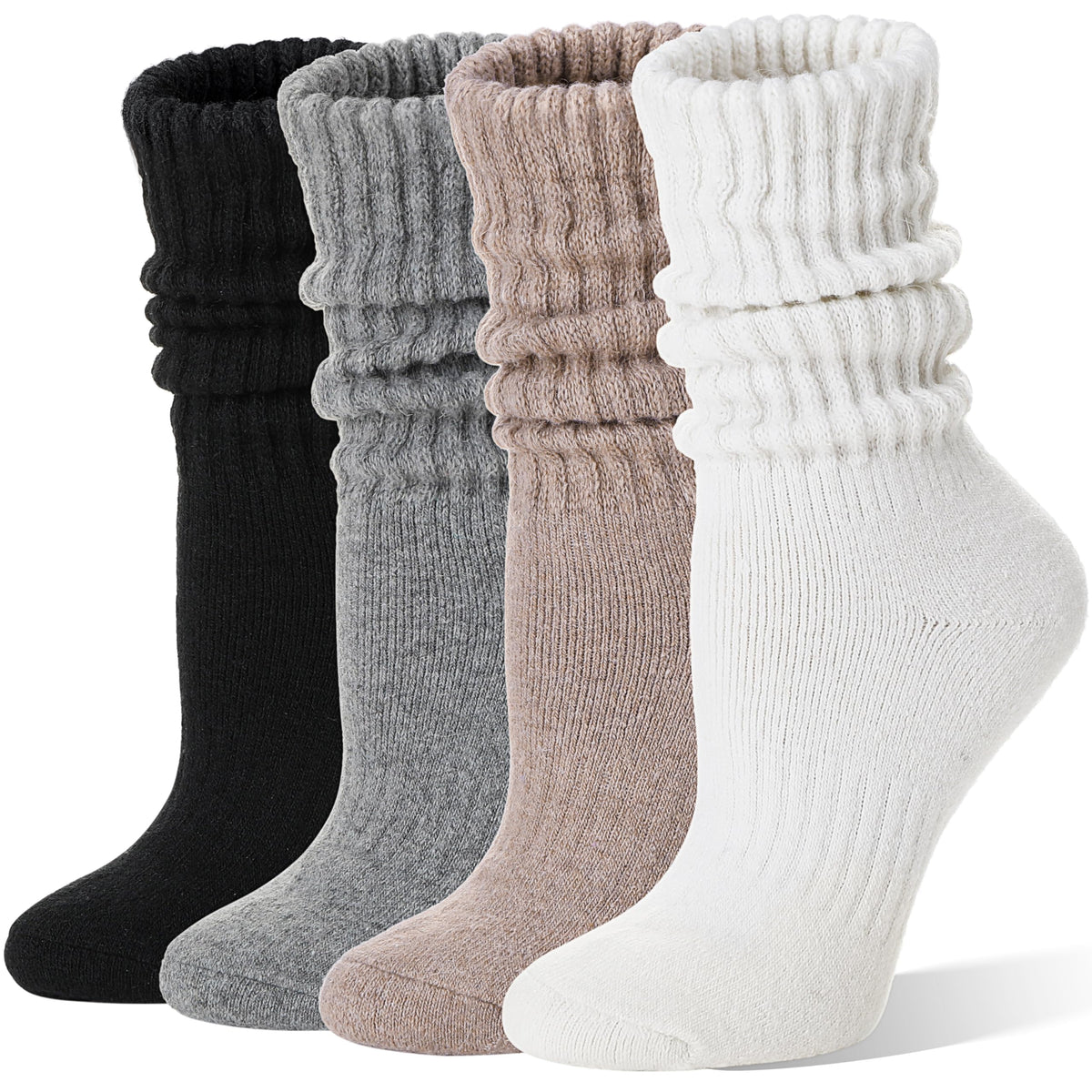 EBMORE Womens Merino Wool Slouchy Boot Socks Thermal Warm Winter Thick Scrunch Slouch Cozy Crew Gifts Socks 4 Pairs Stocking Stuffers(Black/khaki/Grey/White,M)