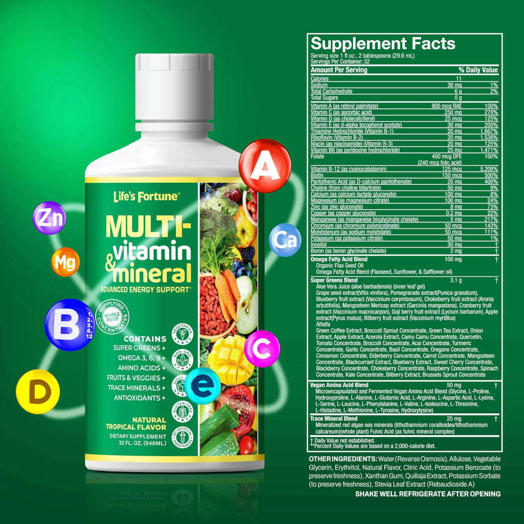 Life's Fortune Liquid Multivitamin for Adults Men & Women, Teens – High Absorption Daily Vitamins – Trace Minerals, Amino Acids with Biotin, L-Arginine, Potassium – Tropical Flavor, Sugar Free, 32 oz