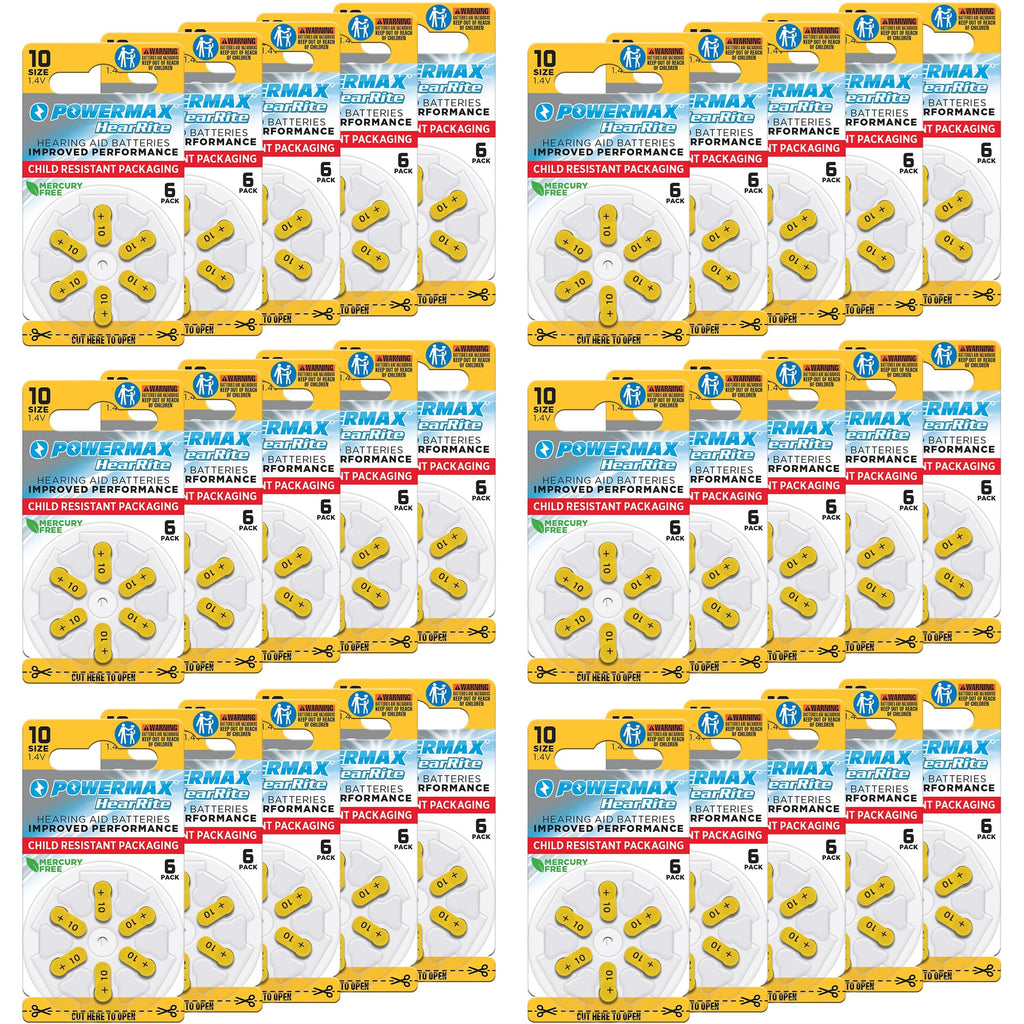 Powermax Size 10 Hearing Aid Batteries, 180 Count Long-Lasting Battery Pack, Yellow Long Tab for Easy Change