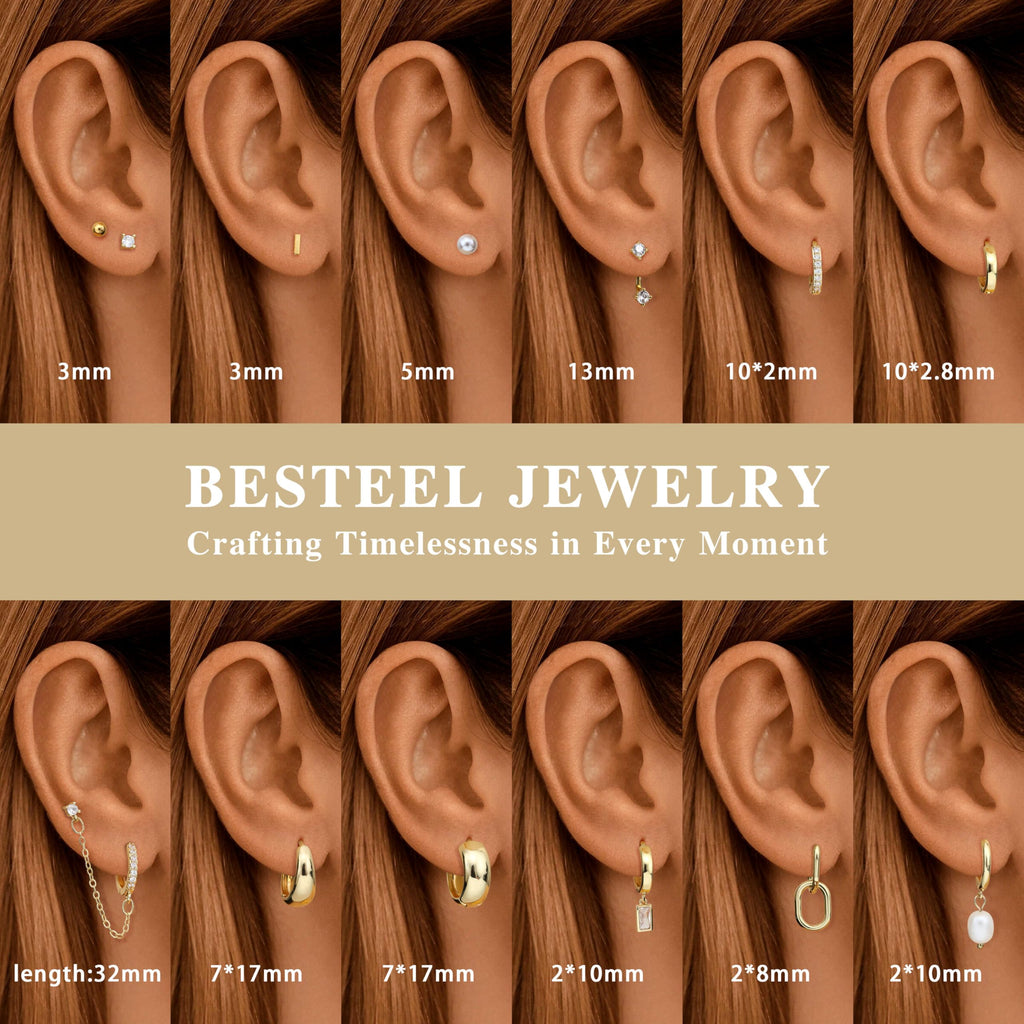 BESTEEL 13 Pairs Small Stud Hoop Earrings Set for Women, Gold Earrings Pack