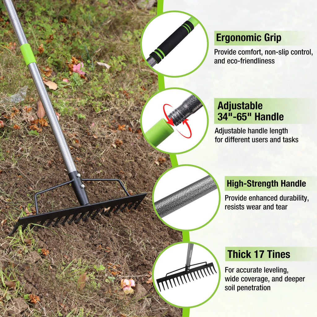 WORKPRO 65 Inch Bow Rake, 17-Tine Metal Head Rake with Adjustable Handle