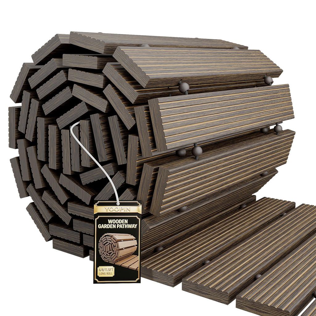 yoopin Wooden Garden Pathway Roll Out Walkway, Flexible Outdoor Wood Boardwalk for Lawn Sand Backyard, Non Slip Surface, Portable Garden Path with Rubber Connectors, 11.5FT, Brown