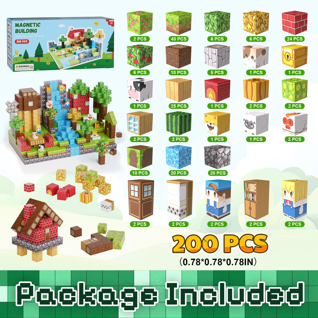 Fitrobust 200PCS Magnetic Building Blocks Set, Magnetic Tiles Kids Build Cubes STEM Game Toys, Build Forest World Set, Christmas Birthday Gifts for Boys & Girls Age 3 4 5 6 7 8 9 10, 0.78 in Size