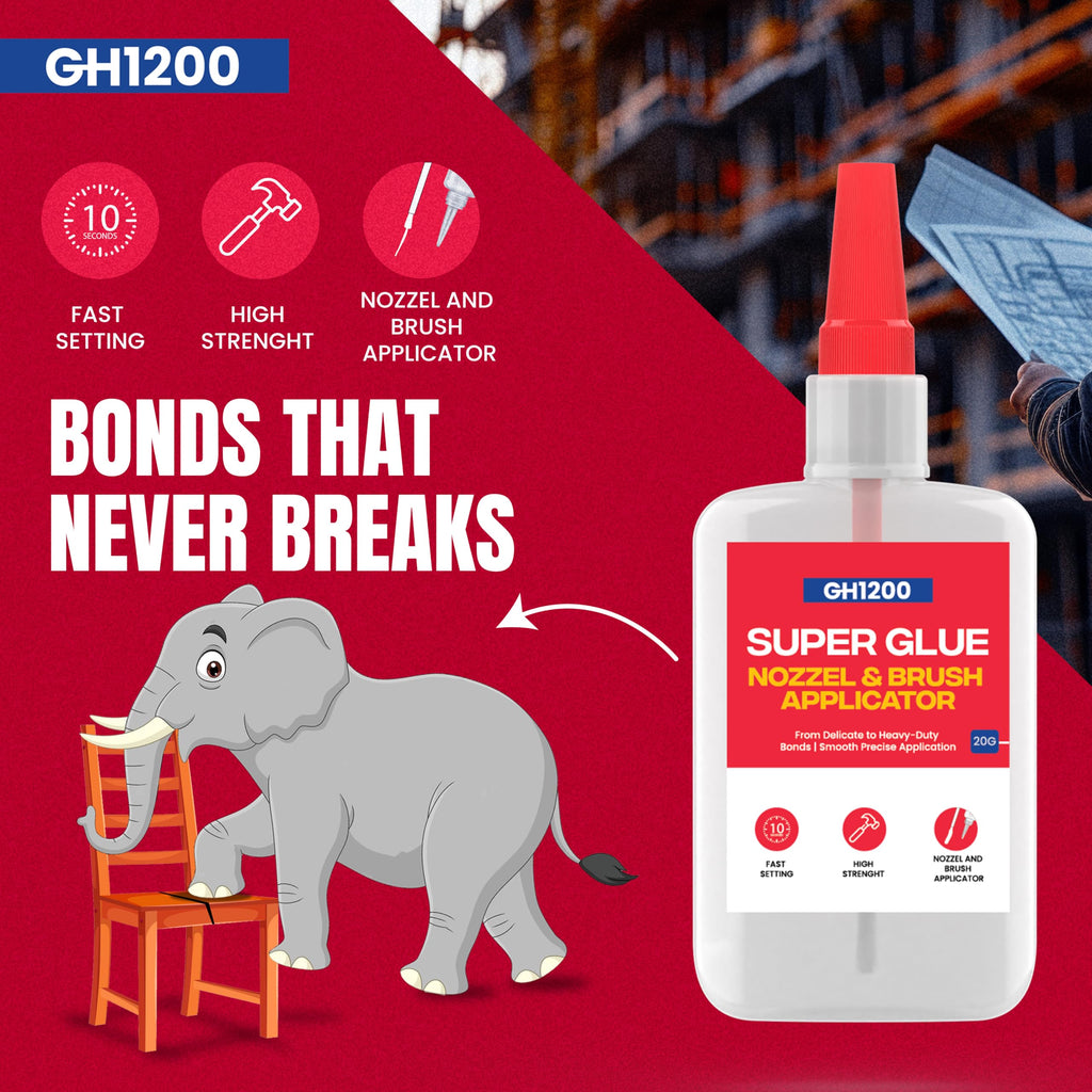 GH1200 (2-in-1) Super Glue with Brush Applicator & Nozzle, Mess Free Superglue Brush, Instant Never Dries, 3000 CPS Ca Glue, No Stain Clear Glue, Super Glue for Plastic, Rubber & More