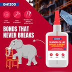 GH1200 (2-in-1) Super Glue with Brush Applicator & Nozzle, Mess Free Superglue Brush, Instant Never Dries, 3000 CPS Ca Glue, No Stain Clear Glue, Super Glue for Plastic, Rubber & More