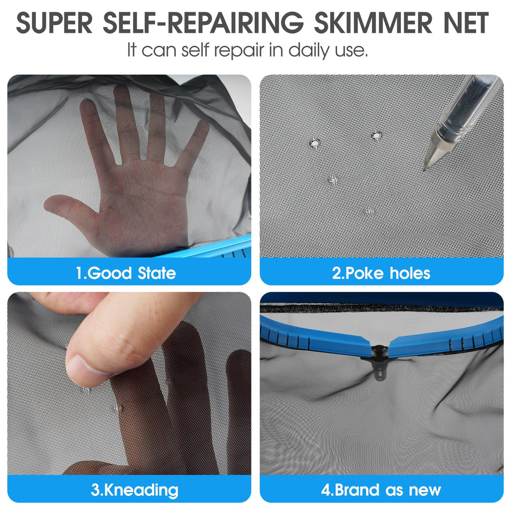 17.5'' Self-repair Pool Net with Pole 10 Ft Thick Aluminum 8 Sections Detachable Pool Poles & Nylon Fine Mesh Netting Bag Wear Resistant Pool Skimmer Net Leaf Rake for Above Ground In-ground Pools