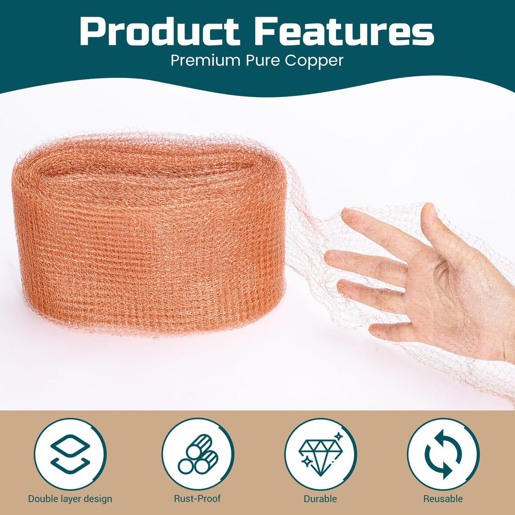 Copper Mesh Rodent Control Kit, 4in x 90ft Rustproof Pure Copper Mesh Roll