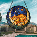 AMDERVEN Stained Glass Window Hanging - Orange Moon Sleeping Cat Sun Catcher for Door Home Decor Blue Starry Sky Suncatcher Christmas Mother's Day Birthday Gifts for Women Men Mom Nana 6.3 in