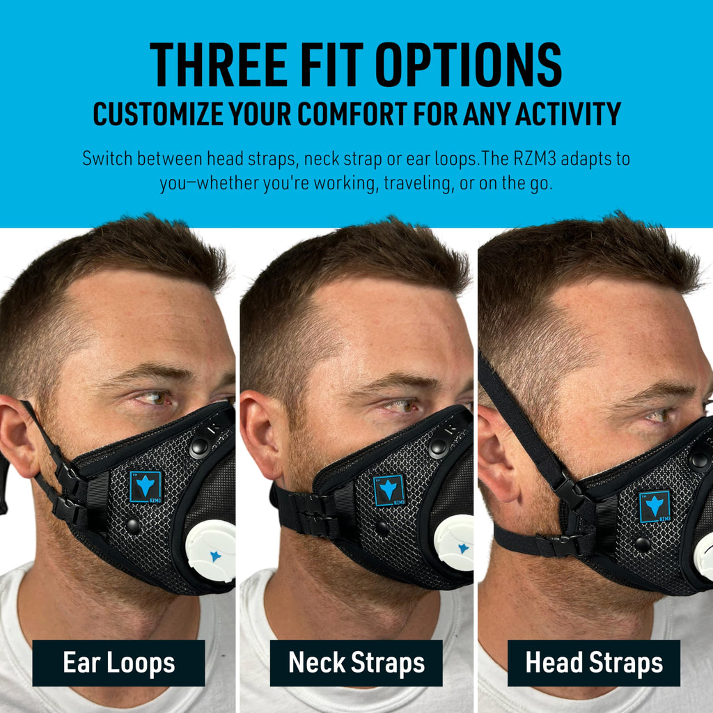 RZ Mask RZM3 - Patented 99.8% Filtration Efficiency All Day Reusable Air Filtration Mask, Anti Fogging, up to 50% Better Breathability, RZ Secure 360° Seal™, and 3 Straps, Trusted by First Responders
