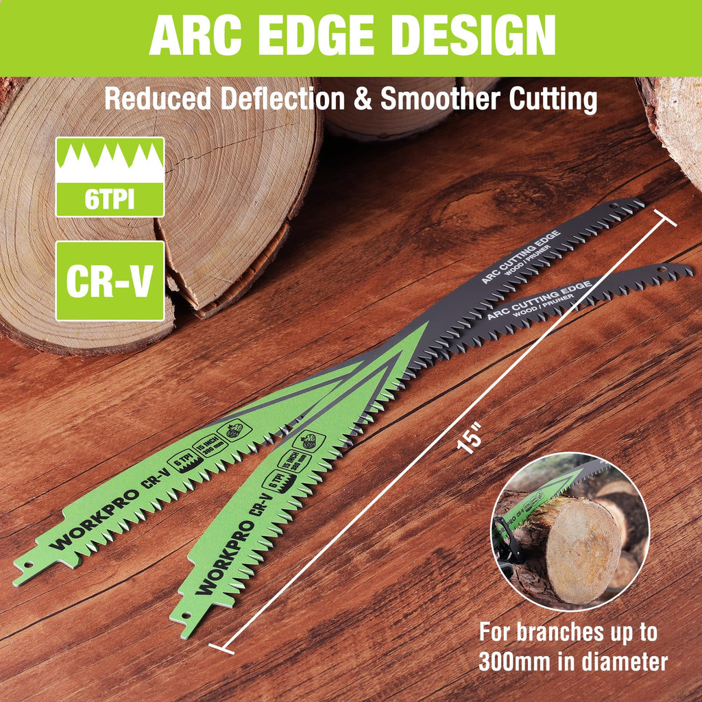 WORKPRO 15" Japanese Teeth Wood Pruning Reciprocating Saw Blades Set, Arc Cutting Edge 6TPI Pruning Saw Blades for Tree Pruning, Wood Cutting, Durable & Sharp, 5 Pack