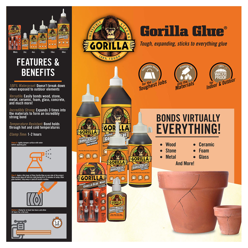 Gorilla Original Gorilla Glue, Waterproof Polyurethane Glue, 2 Ounce Bottle, Brown, (Pack of 4)
