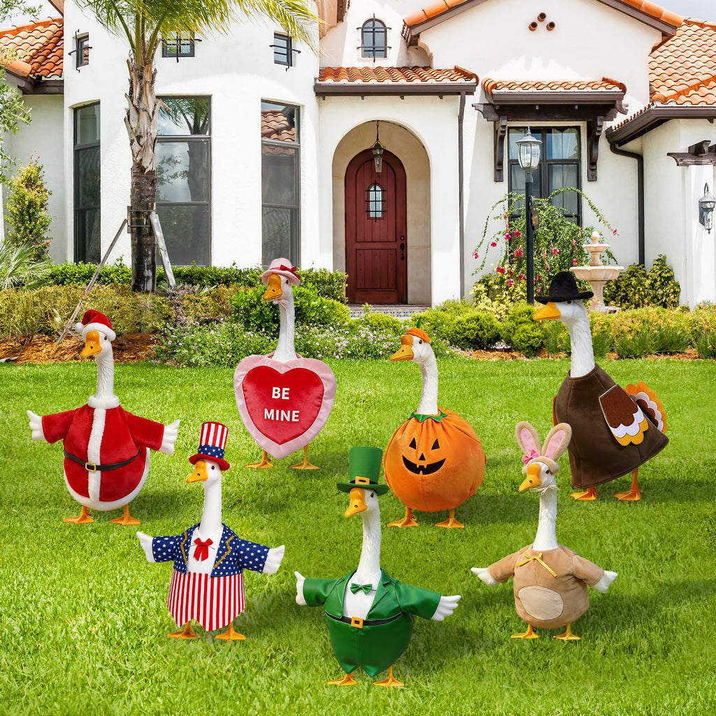 Nesfanchu 7 Set Holiday Porch Goose Outfits for 23" Lawn Goose Statue,All Seasons Goose Clothes Bundle with Valentine St Patrick Easter 4th of July Halloween Thanksgiving Christmas Costumes