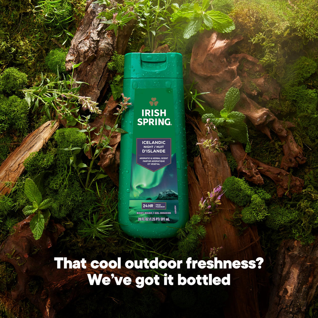 Irish Spring Icelandic Night Moisturizing Face and Body Wash for Men, 24 Hour Fresh, Paraben Free, Aromatic and Herbal Scent, 20 fl oz Bottle (Pack of 4)