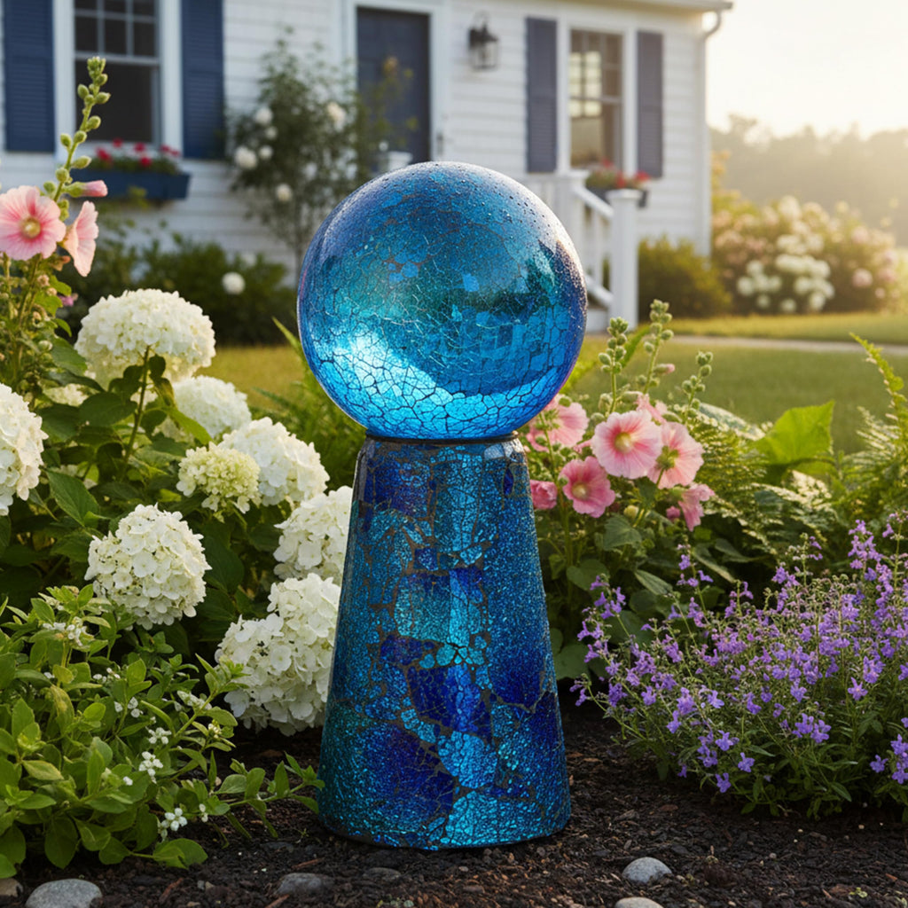 Sunnydaze Glass Gazing Ball Stand for Outdoors, Deep Ocean Swirl
