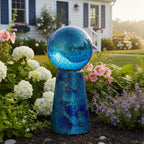 Sunnydaze Glass Gazing Ball Stand for Outdoors, Deep Ocean Swirl