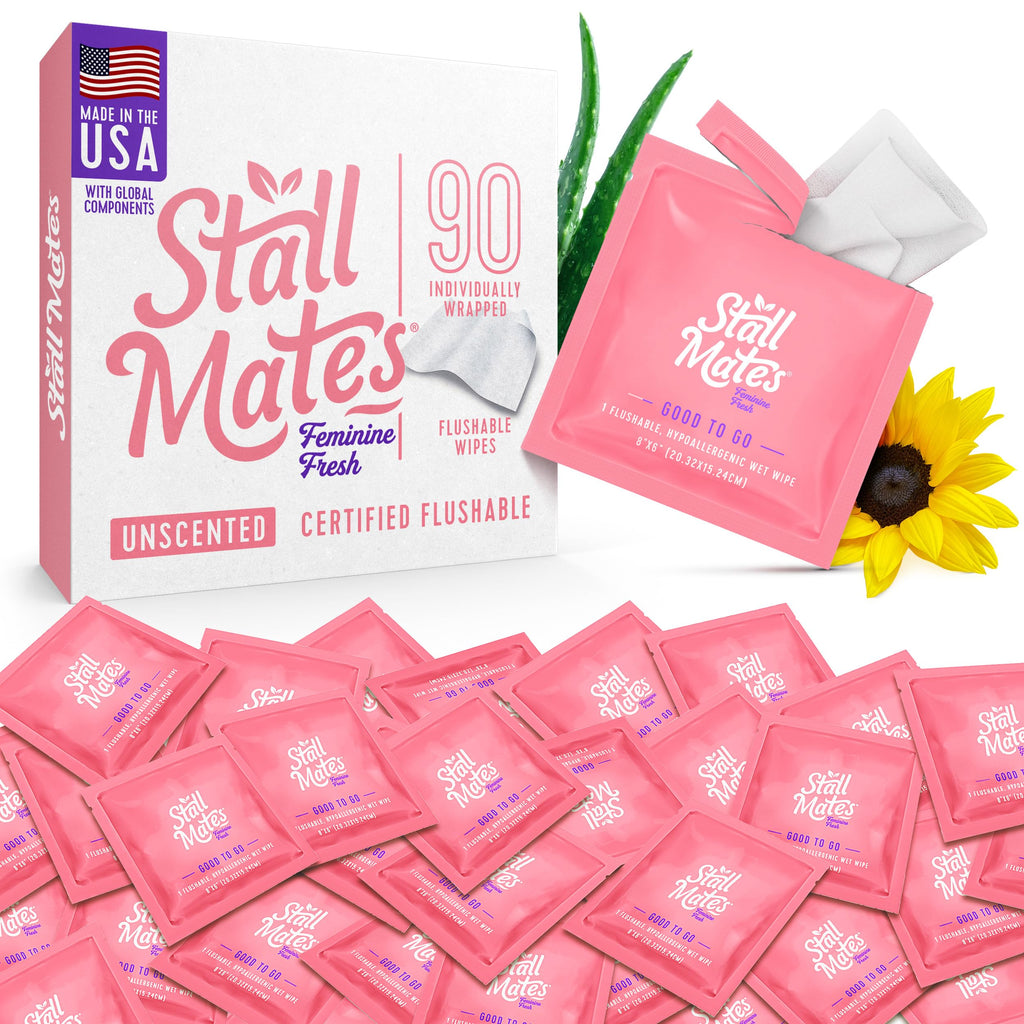 Stall Mates Wipes Feminine Fresh - Flushable | Individually Wrapped Cleansing Travel Friendly PH balanced Unscented with Sunflower, Rosemary and Aloe (90 on-the-go singles) BULK PACK