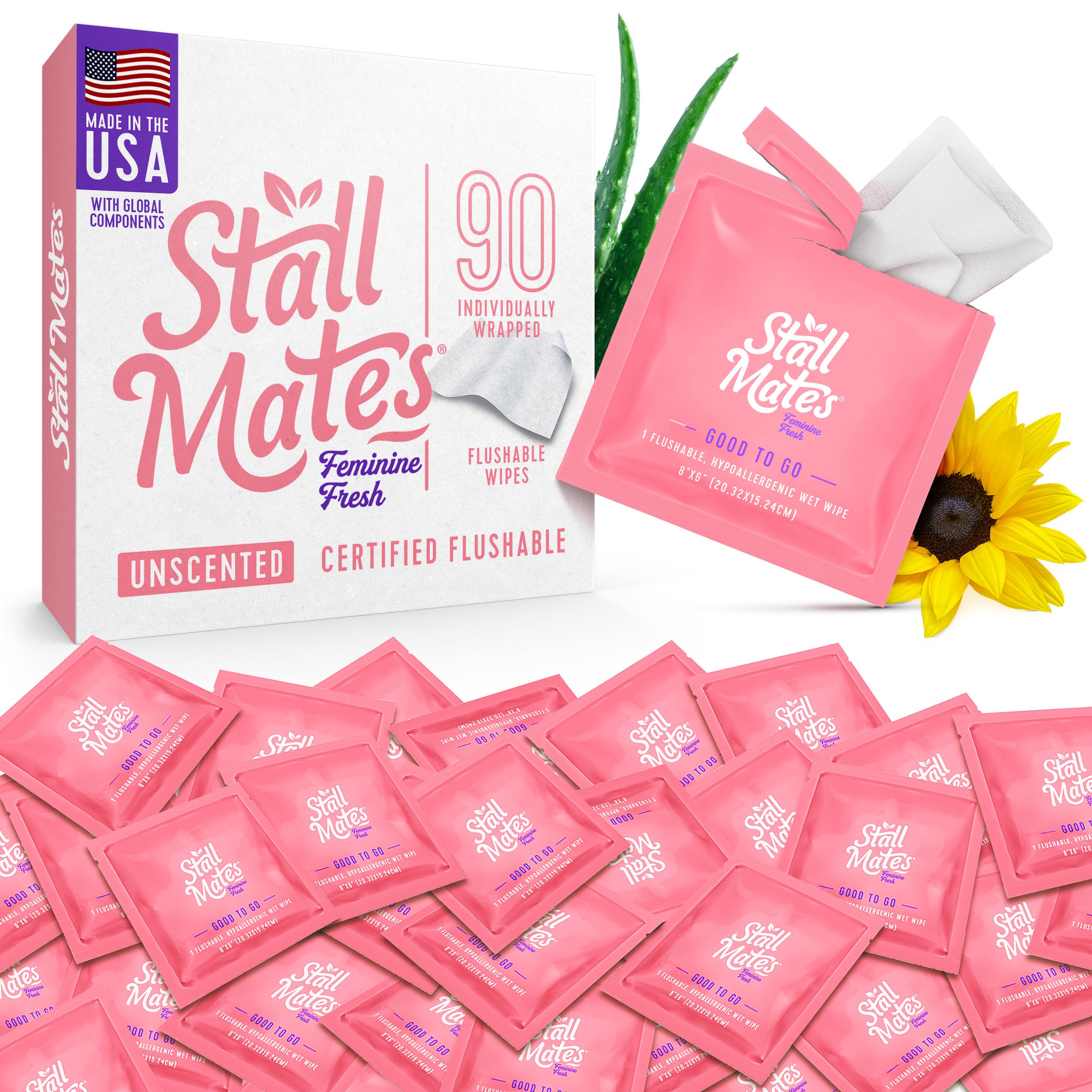 Stall Mates Wipes Feminine Fresh - Flushable | Individually Wrapped Cleansing Travel Friendly PH balanced Unscented with Sunflower, Rosemary and Aloe (90 on-the-go singles) BULK PACK