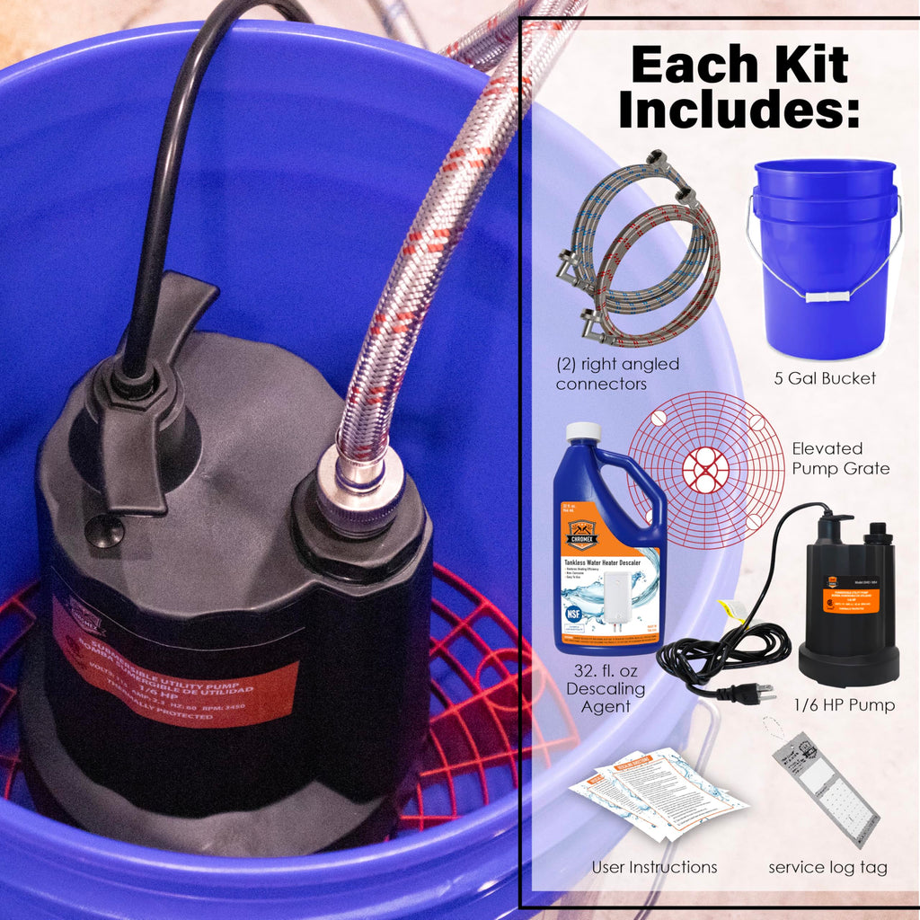 Chromex Tankless Water Heater Flush Kit with Certified Liquid Descaling Solution and Right Angle Inlet Hoses & 1/6HP Extra Strength Pump