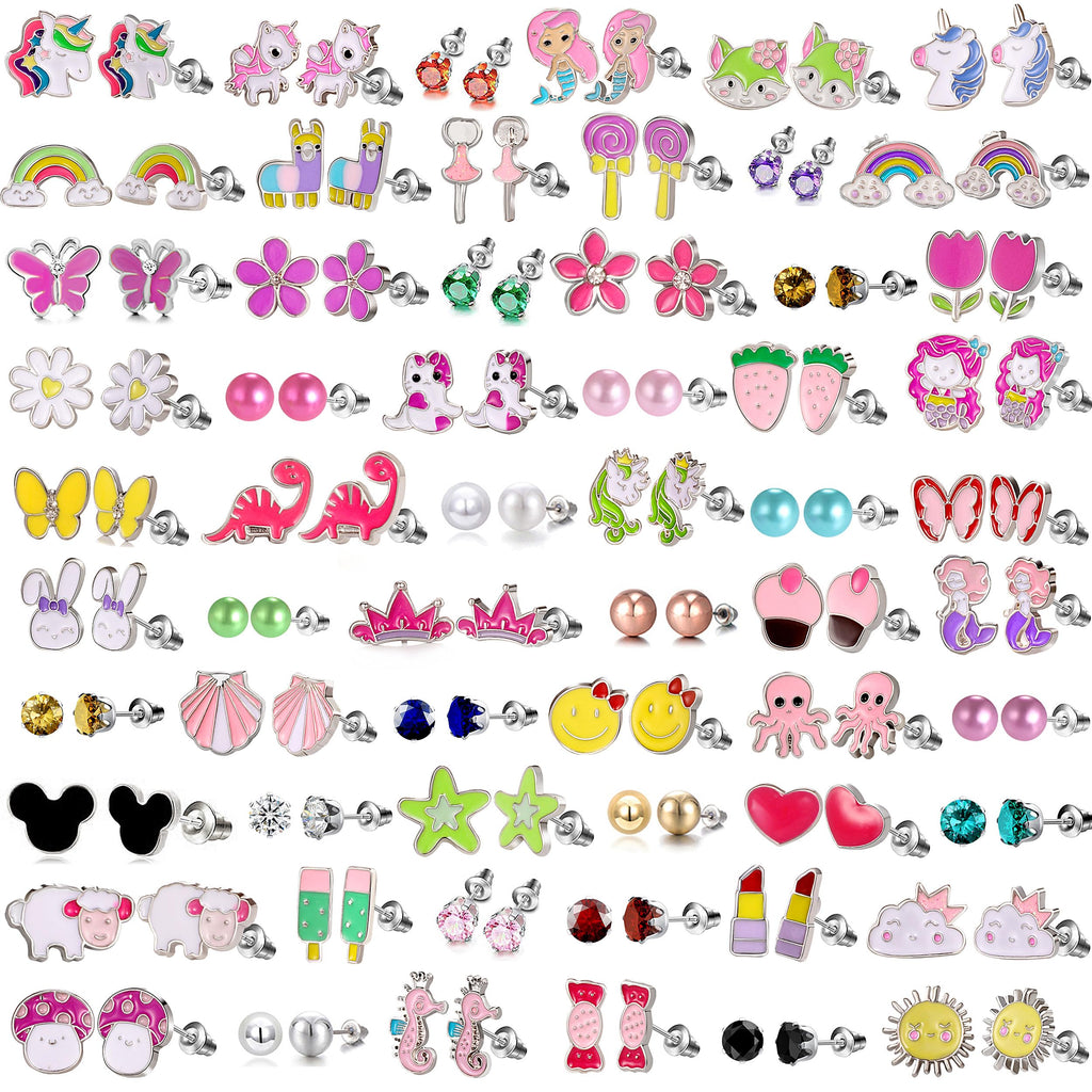60 Pairs Cute Earrings Set - Hypoallergenic Stainless Steel Studs with Cartoon Characters, Colorful Faux Pearls & Sparkling Cubic Zirconias (#1)