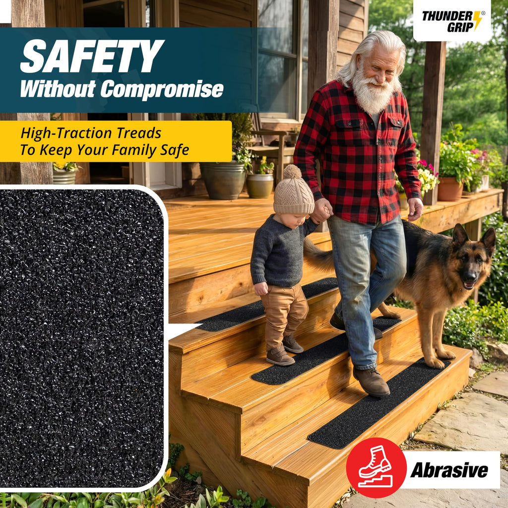 Thunder Grip Outdoor Stair Treads Non Slip 24" x 4" - 15-Pack Weather Resistant Exterior Grip Tape for Wooden Steps - Anti Skid Strips - Waterproof 80-Grit Adhesive Treads