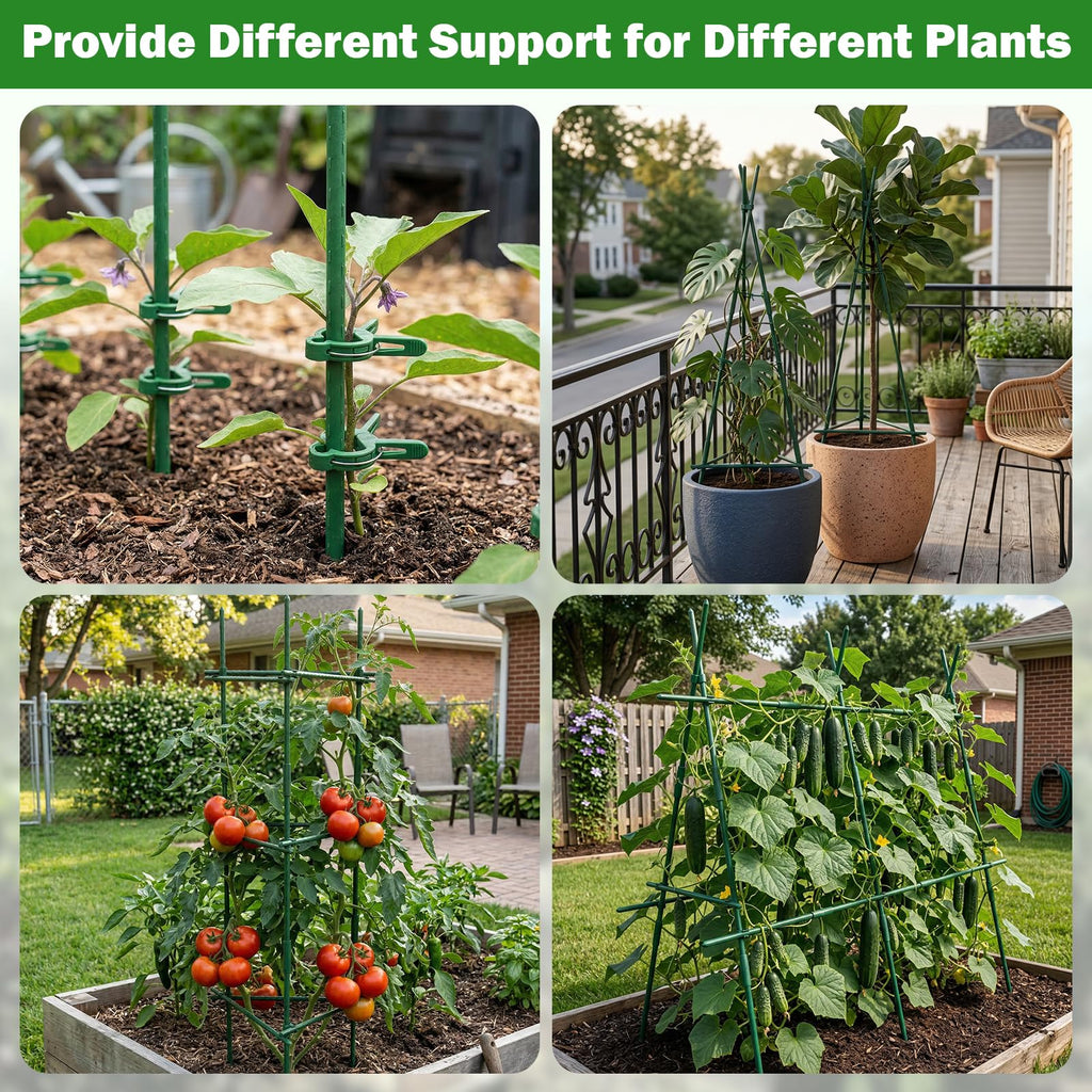 Tegarbed Garden Stakes 40 Pack, 16 Inch Plastic Coated Metal Tomato Stakes, DIY 4ft 5ft 6ft 7ft Plant Support Stakes with 28 Connectors 28 Rotatable Clips 28 Plant Clips for Indoor Outdoor Vegetables