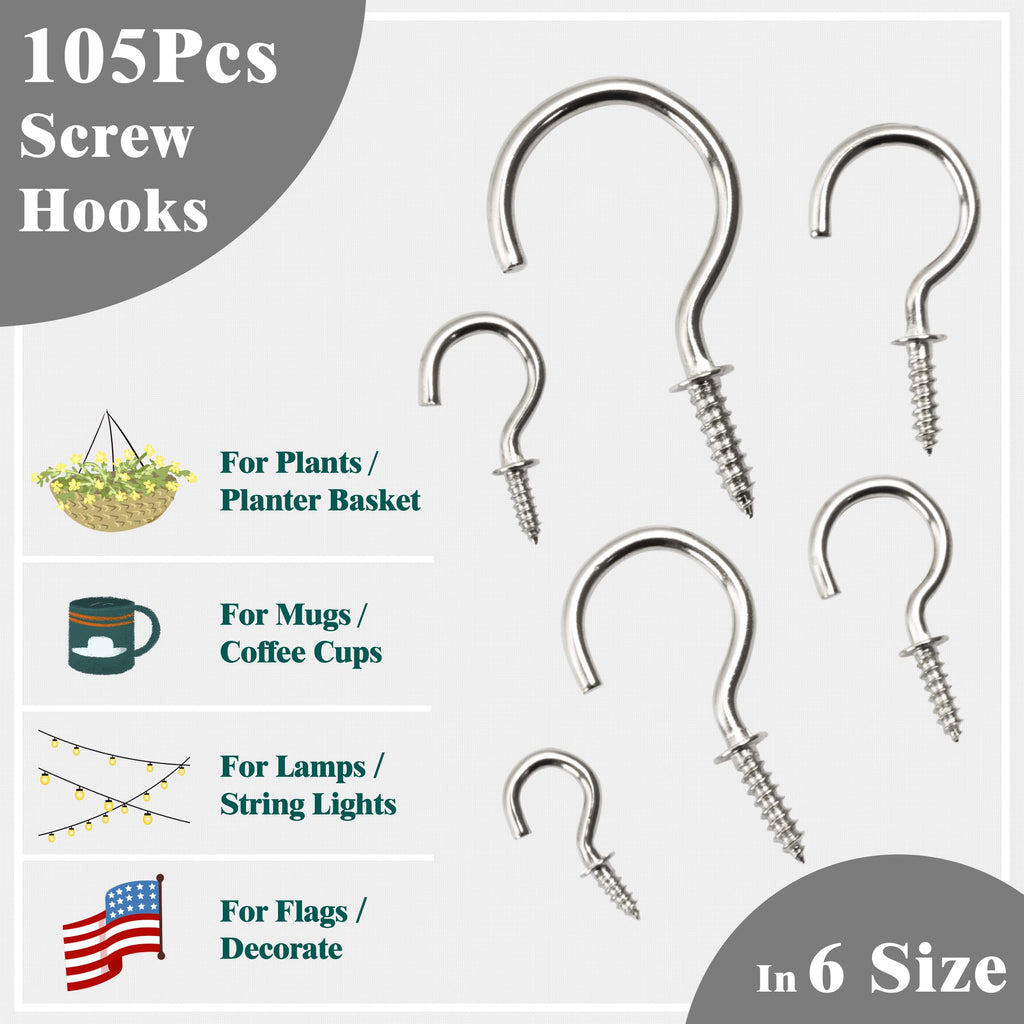 EIENHOSHI 105 Pcs Screw Hooks, 6 Sizes Silver Cup Hooks, Screw in Hooks for Hanging, Metal Cup Hook Screw in (1/2", 5/8", 3/4", 7/8", 1'', 1-1/4")