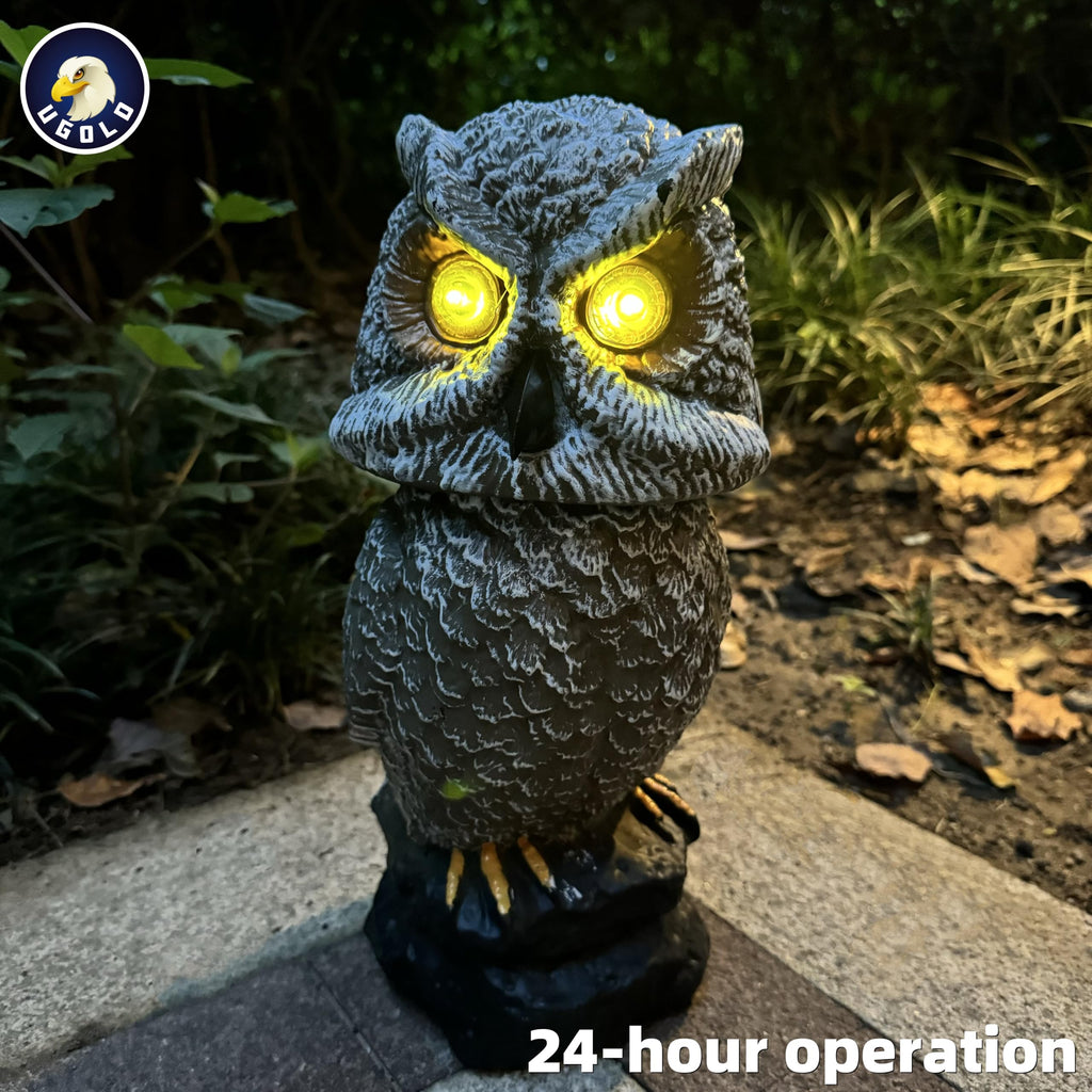 Ugold Solar Powered Owl with Motion Detection, Silent Mode, Flashing Eyes, Rotatable Head and Realistic Hoots, Plastic Owl Decoration for Home, Garden, Patio and Fence