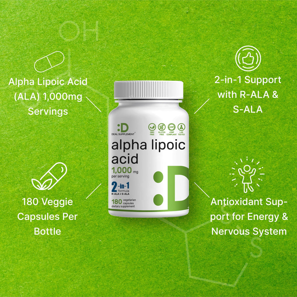 Alpha Lipoic Acid 1,000mg, 180 Veggie Capsules – 50/50 R-ALA & S-ALA for Max Bioavailability – Antioxidant Supplement – Energy & Nervous System Support – Non-GMO
