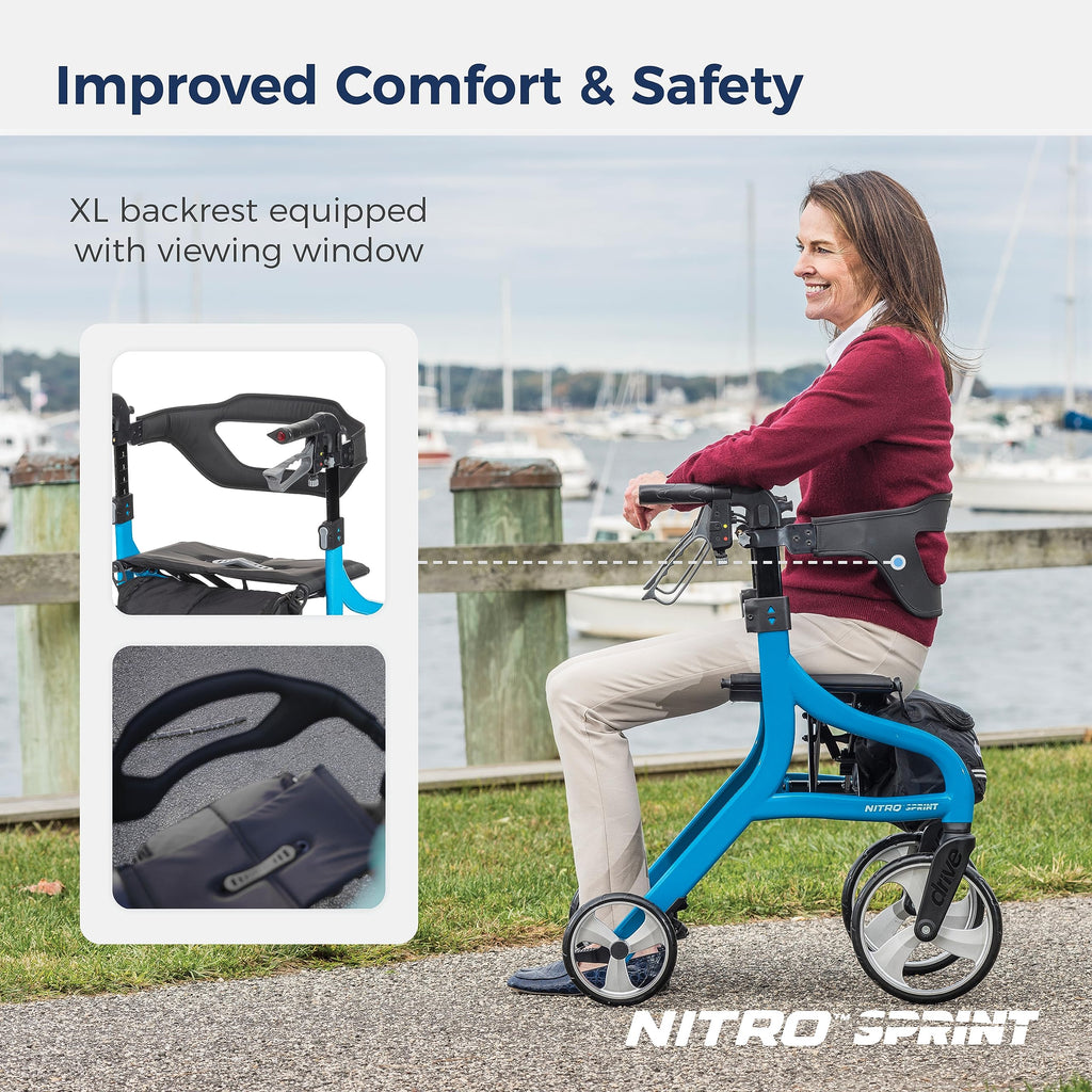 Drive Medical Nitro Sprint Foldable Rollator Walker with Seat - Lightweight Support - Large Wheels - Compact Folding Design - Adjustable Comfort - Standard Size - Blue
