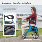 Drive Medical Nitro Sprint Foldable Rollator Walker with Seat - Lightweight Support - Large Wheels - Compact Folding Design - Adjustable Comfort - Standard Size - Blue