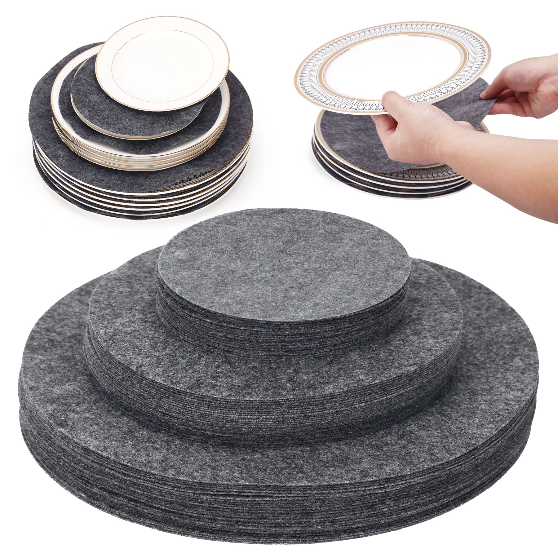 Imncya Plate Separators Storage, Set Of 60 And 3 Different Size, Thick and Premium Soft Felt Plate Dividers For China, Dish, Coffee Saucers Protecting and Stacking - Grey