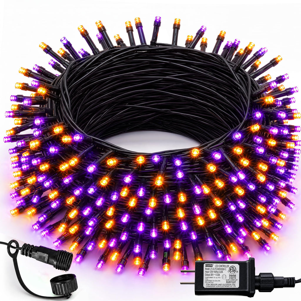 DAZZLE BRIGHT Halloween 300 LED String Lights, 100FT String Lights with 8 Lighting Modes, Halloween Decorations for Party Carnival Supplies, Outdoor Yard Garden Decor (Purple & Orange)