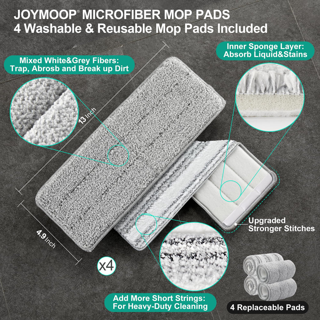 JOYMOOP Flat Mop System, Microfiber Mop and Bucket Set, White, Hands-Free Floor Cleaning System with Wringer, Wet and Dry Use, 60" Handle, Includes 4 Reusable Pads