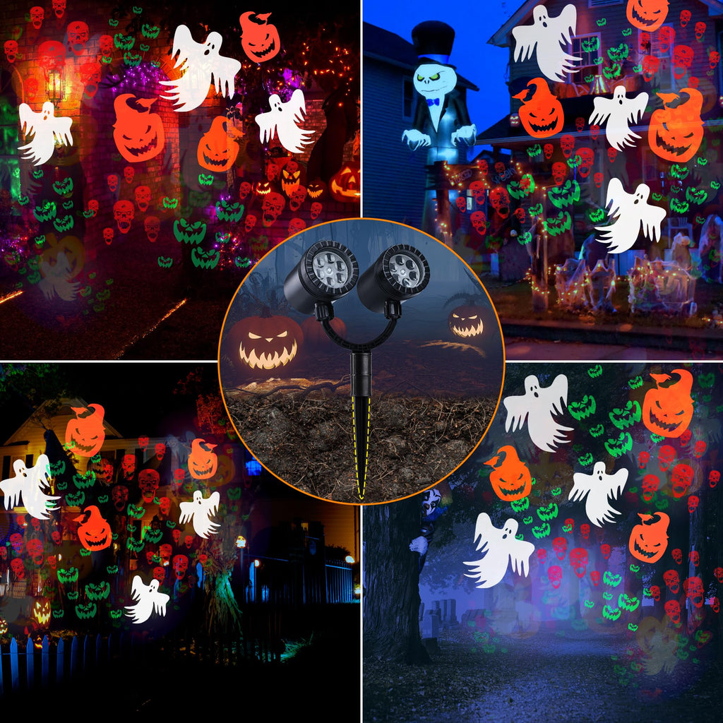 Toodour Halloween Projector Lights Outdoor, Double Head Dynamic Halloween Lights Projector with Timer, Waterproof Ghost Skeleton Devil Pumpkin Light for Home Window Wall Decor