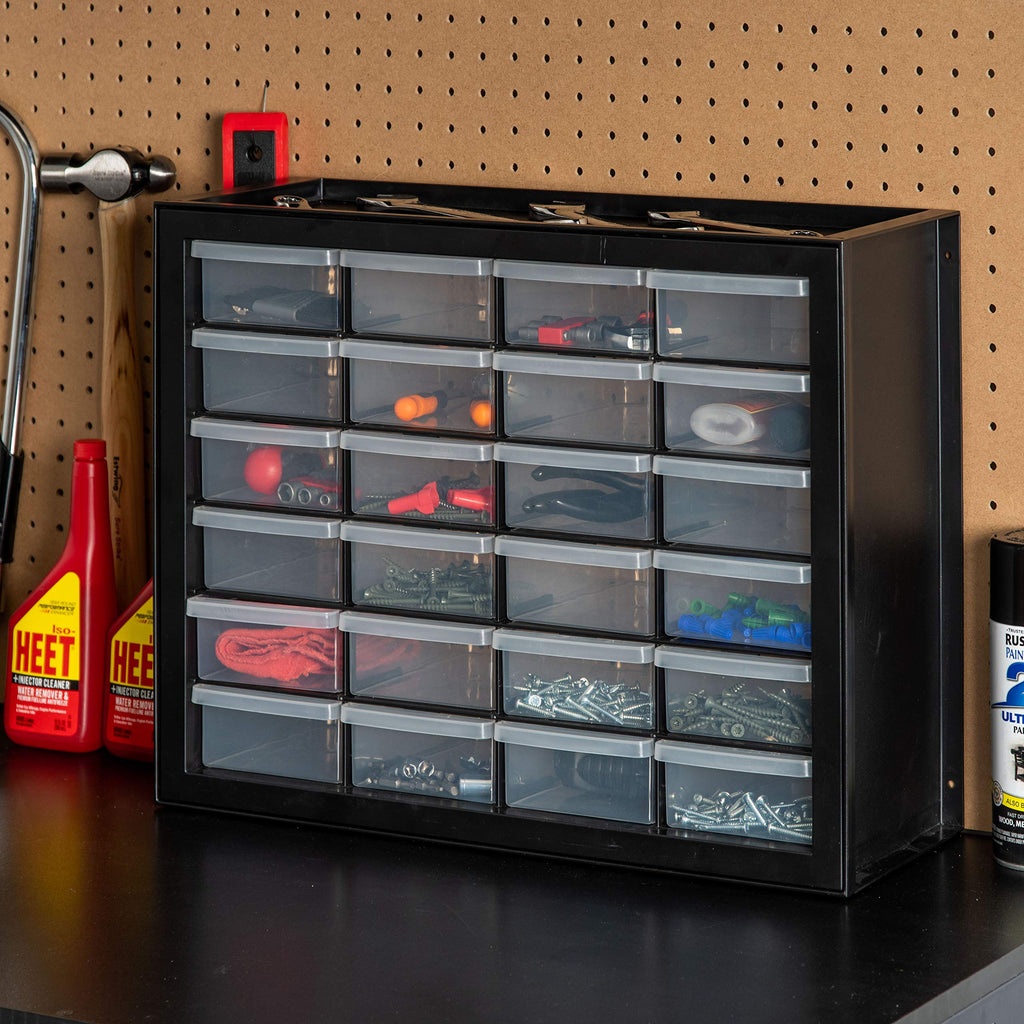 IRIS USA 24-Drawer Plastic Storage Organizer, Made in USA, Teacher Toolbox, Multi Drawer Cabinet For Garage Tools Beads Balloons Building Bricks Crafts Stickers Small Business Scrapbook Art, Black
