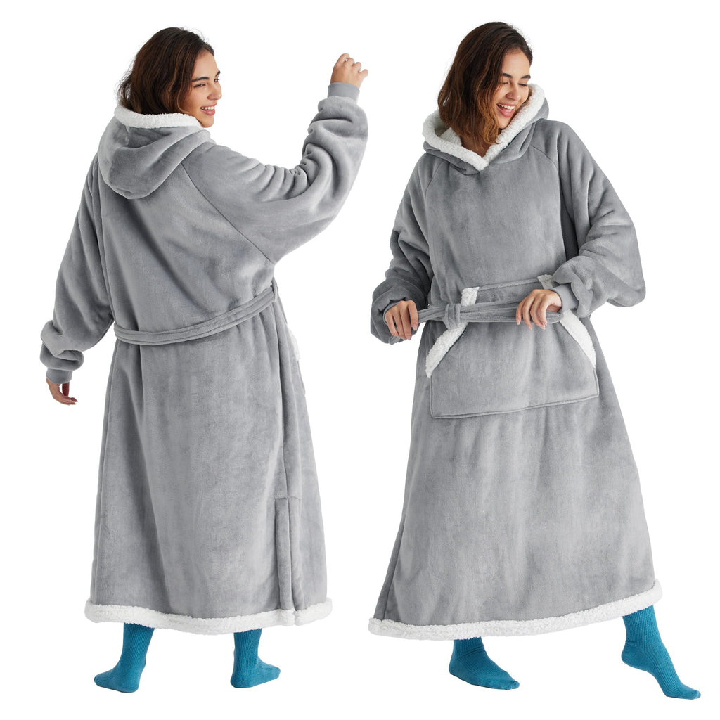 Bedsure Wearable Blanket Hoodie, Long Hooded Blanket Sweatshirt as Christmas Birthday Gifts for Women, Cozy Sherpa Hoodie for Adult, Standard, Grey
