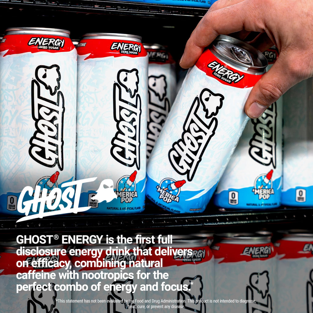 GHOST Energy Drink, Zero Sugars, 12-Pack, 'Merica Pop, 16oz