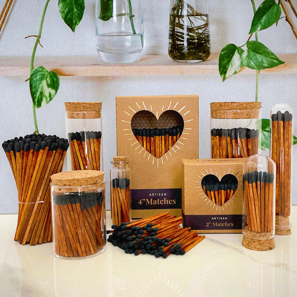 4" Espresso Matches + Striker Stickers Included | 300 Brown Stick Black Tip Decorative Safety Matches | Premium Long Matchsticks | Gifts, Home Decor, & Candle Accessories by Thankful Greetings