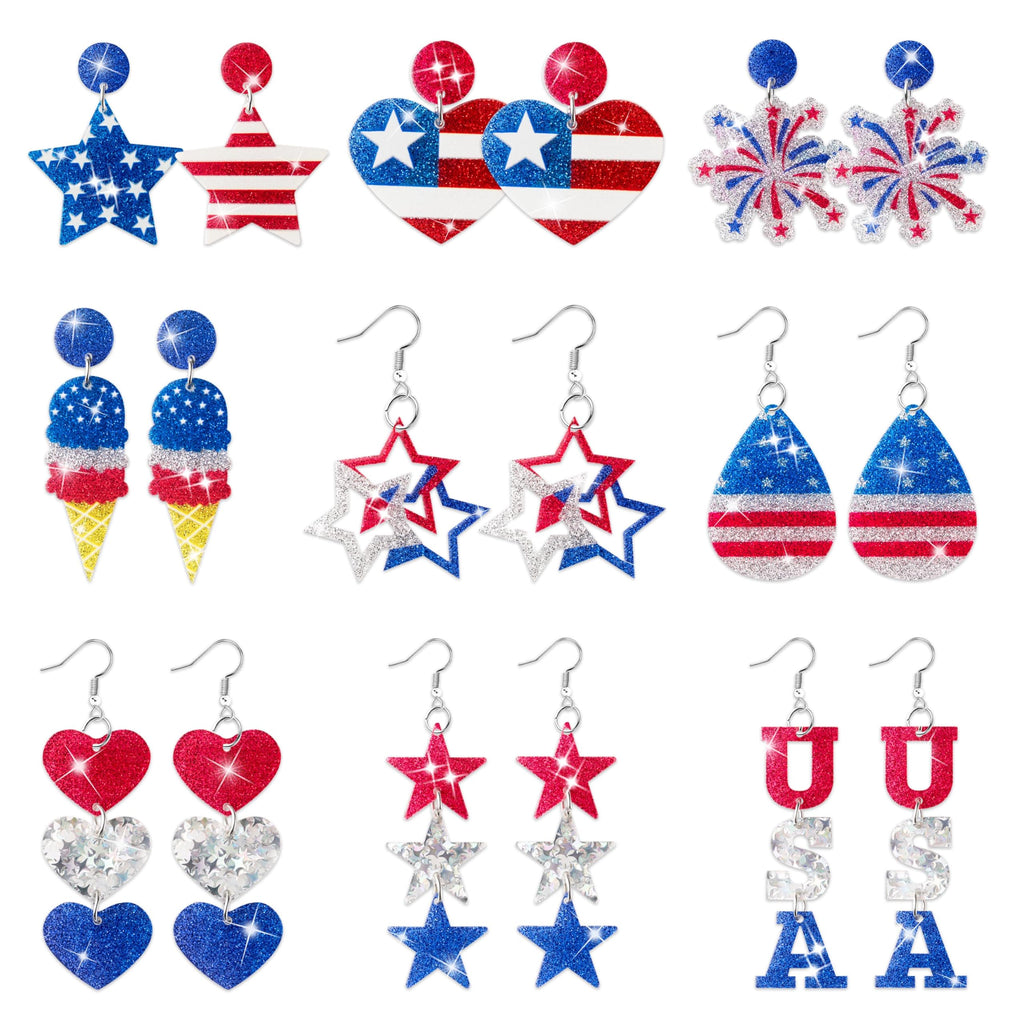 Y1tvei Independence Day Glitter Earrings for Women- 9 Pairs 4th of July American Flag Earrings Star Red Blue Dangle Drop Acrylic Accessories USA Flag Jewelry Gifts for Patriotic Memorial Veterans Day