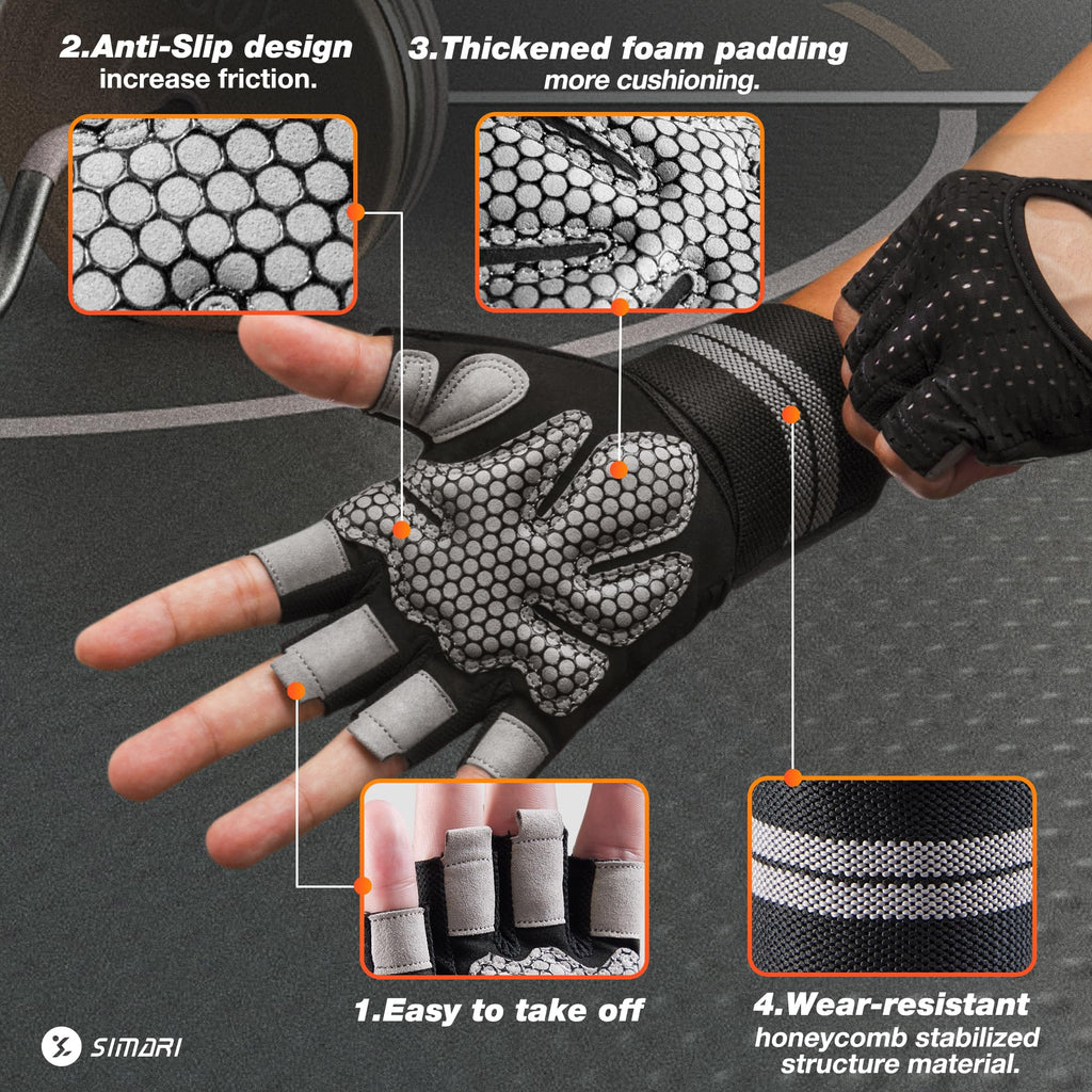SIMARI Breathable Workout Gloves for Men Women, Padded Weight Lifting Gloves with Wrist Wraps Support, Full Palm Protection, Grip for Gym Training, Fitness, Weightlifting, Exercise Fingerless Black