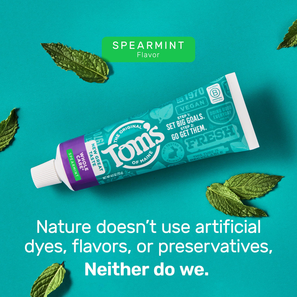 Tom's of Maine Whole Care Natural Toothpaste with Fluoride, Spearmint, 4 Ounce (Pack of 3), (Packaging May Vary)