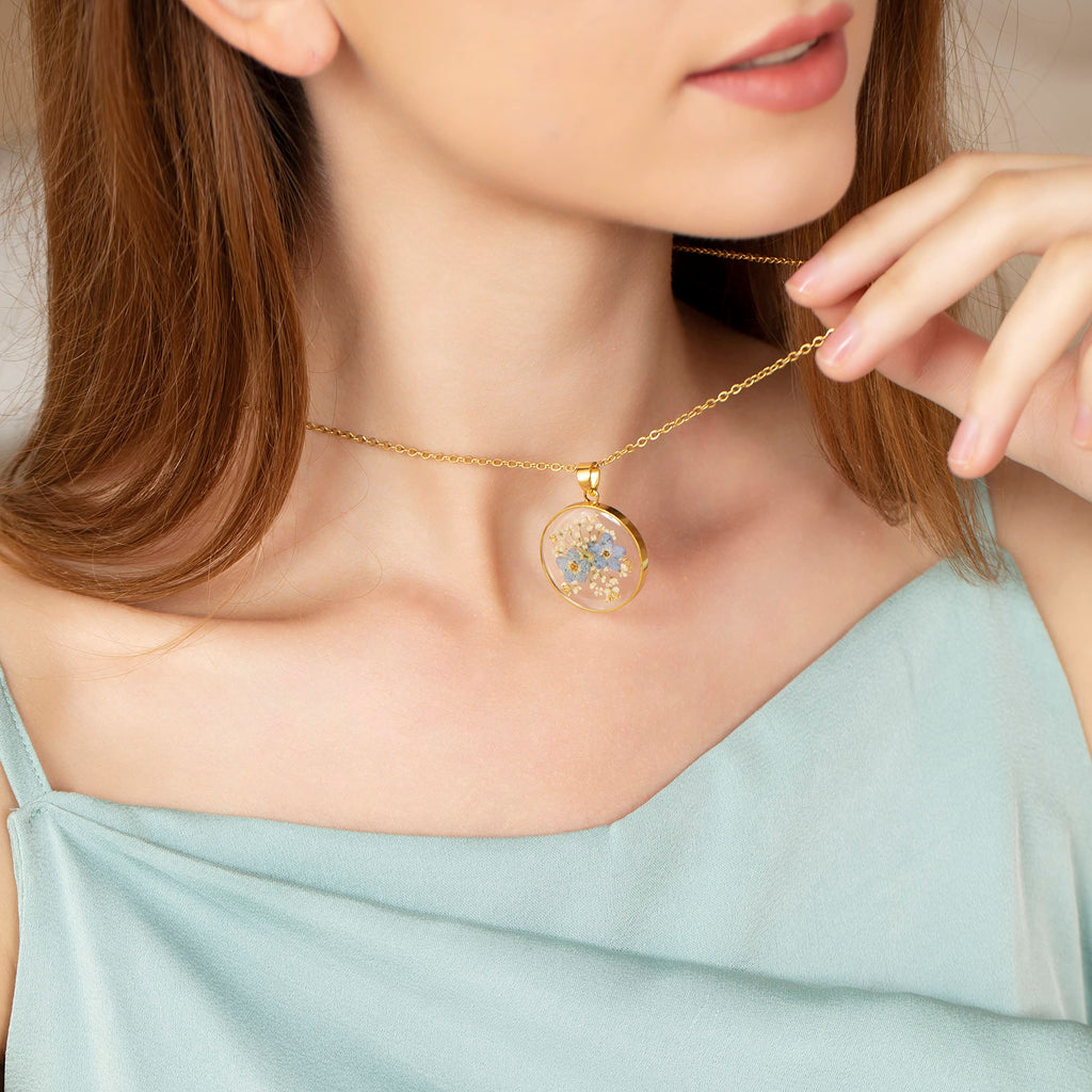 Forget-Me-Not and Queen Anne's Lace Pressed Wildflower Necklace | Gold Pressed Flower Necklace | Personalized Handmade Necklaces for Women | Forget-Me-Not Jewelry | Alaska State Flower Jewelry | 18”