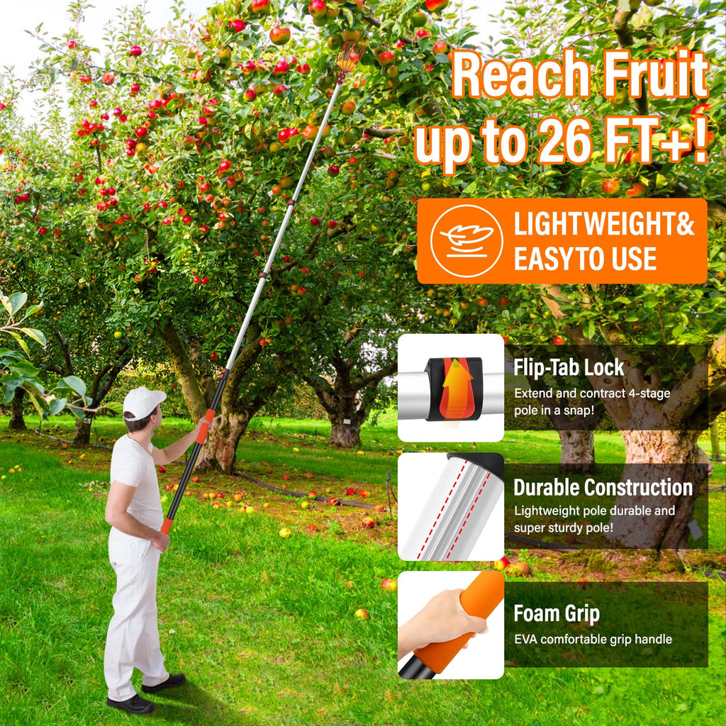 ACTREY 26FT Reach Fruit Picker Pole with Basket Telescoping,Apple Picker