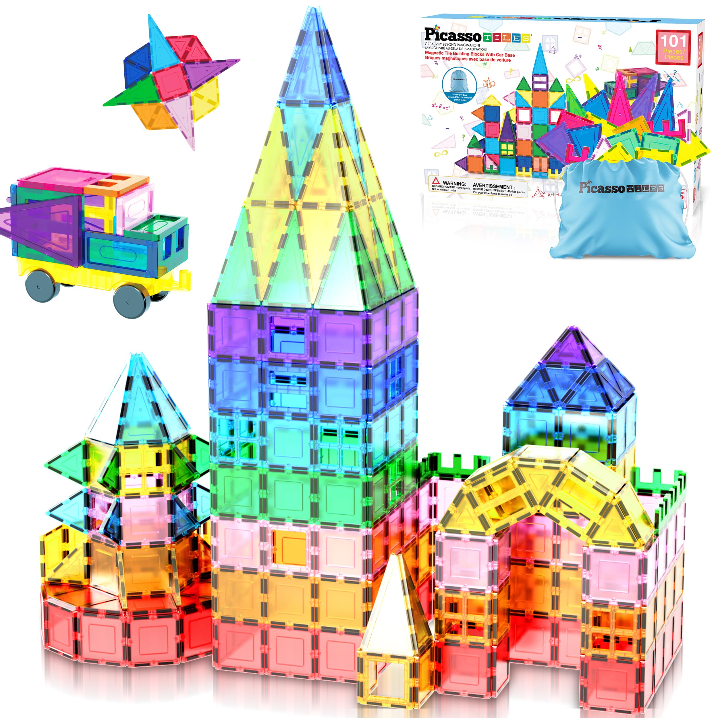 PicassoTiles 101 PCs Magnetic Tiles Building Blocks with Car & Drawstring Carry Bag Toy Storage Magnet Block for Toddlers Kids STEM Toy Set Educational Tile Learning Brain Development Ages 3+ PC101